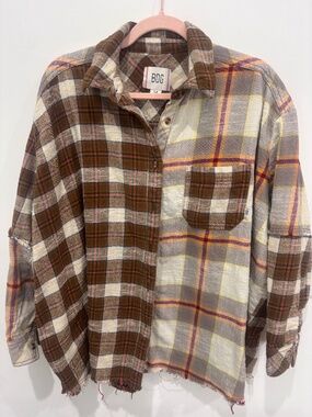 BDG Urban Outfitters Patchwork Plaid Flannel Shirt Small Raw Hem Distressed